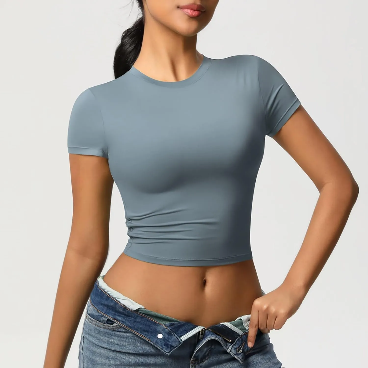 Workout Tops for Women Quick Dry Short Sleeve Cropped Yoga Shirts Athletic Gym Running Round Neck Basic Tees