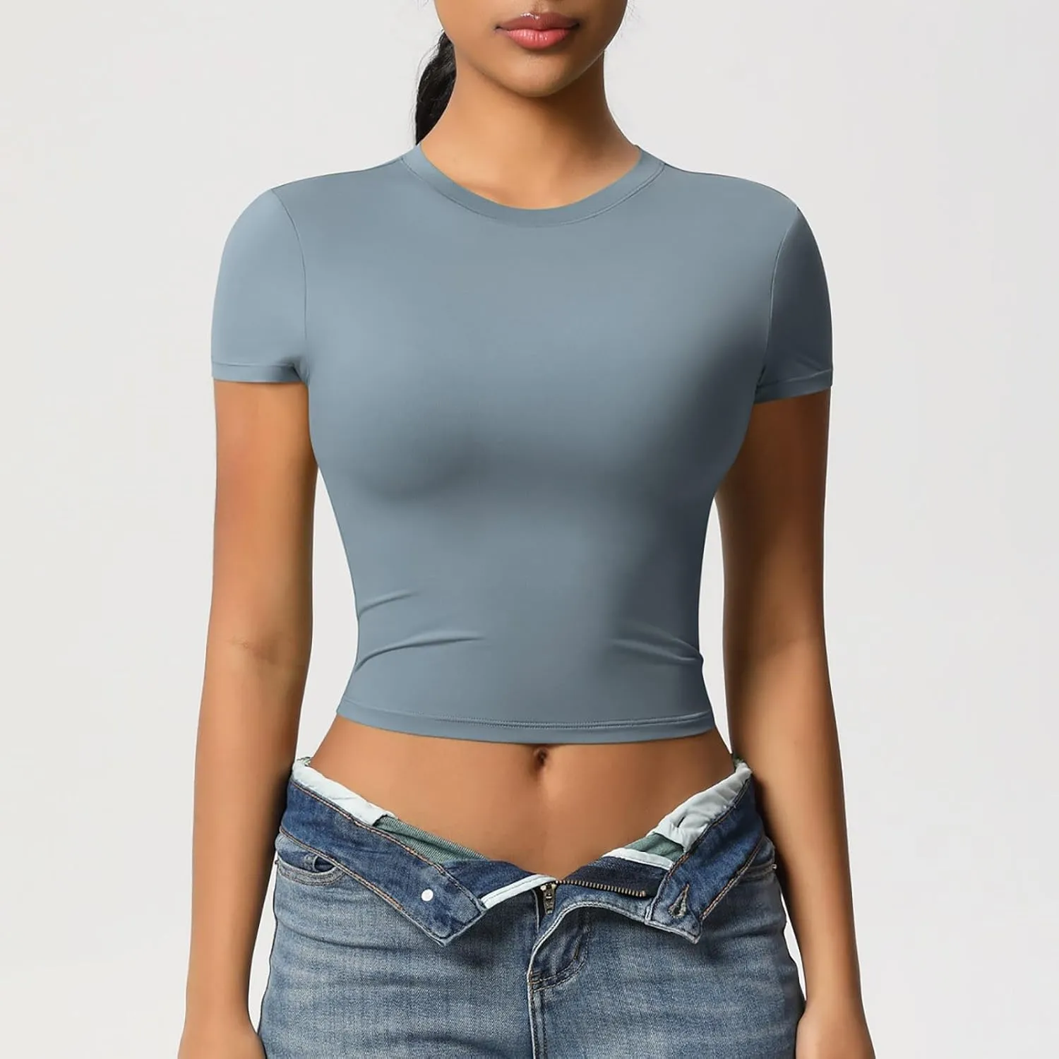 Workout Tops for Women Quick Dry Short Sleeve Cropped Yoga Shirts Athletic Gym Running Round Neck Basic Tees