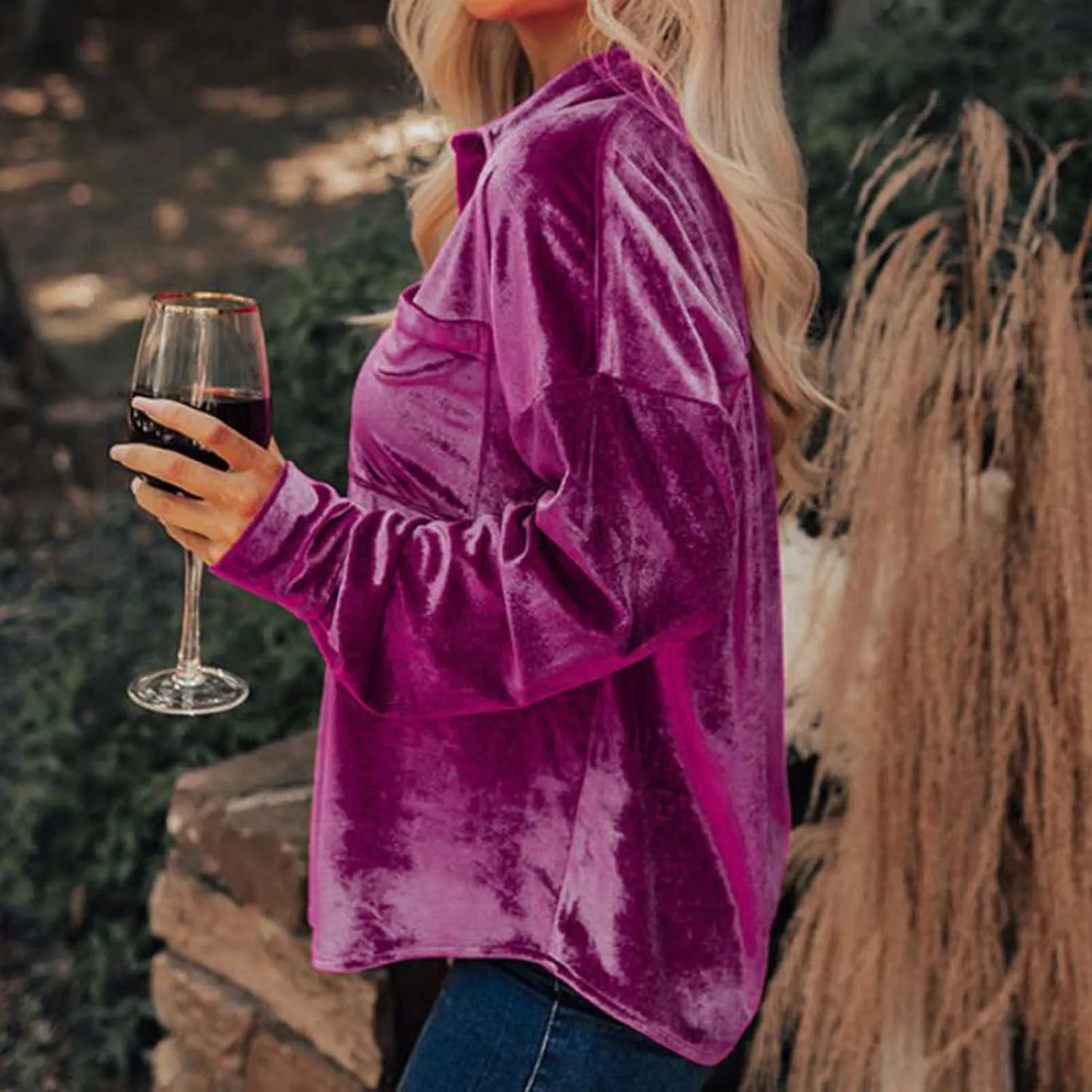 Xiaojmake Womens Oversized Velvet Blazer Jacket Spring Long Sleeve V Neck T Shirts with Pocket Button Down Office Work Blouse