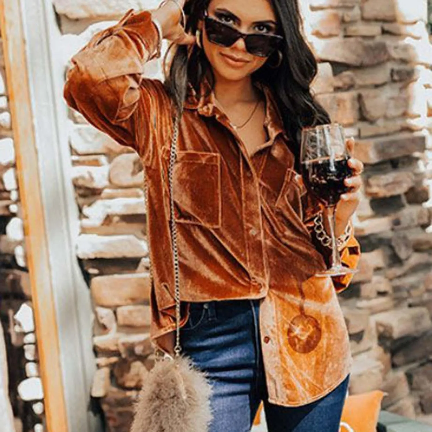 Xiaojmake Womens Oversized Velvet Blazer Jacket Spring Long Sleeve V Neck T Shirts with Pocket Button Down Office Work Blouse