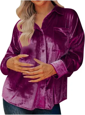 Xiaojmake Womens Oversized Velvet Blazer Jacket Spring Long Sleeve V Neck T Shirts with Pocket Button Down Office Work Blouse