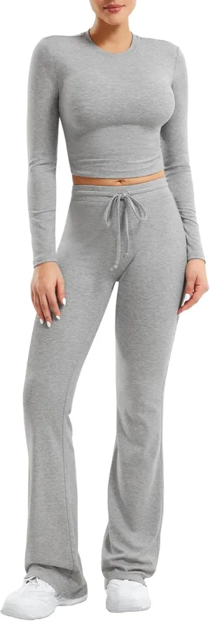 YEOREO Two Piece Sets for Women Long Sleeve Tops Lounge Set Drawstring Wide Leg Pants Ava Matching