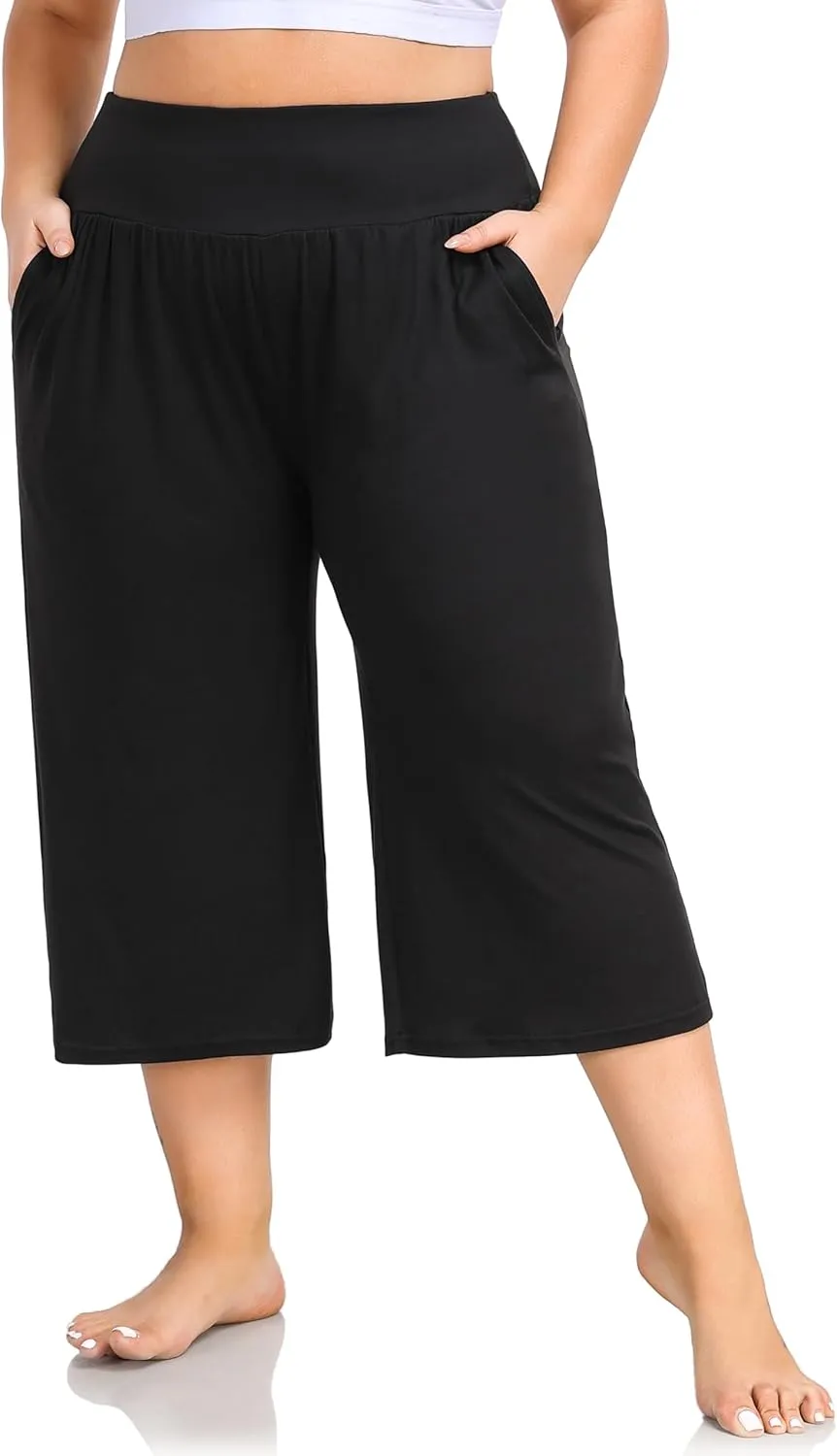 ZERDOCEAN Women's Plus Size Wide Leg Capris High Waist Yoga Pants Casual Loose Lounge Pants with Pockets