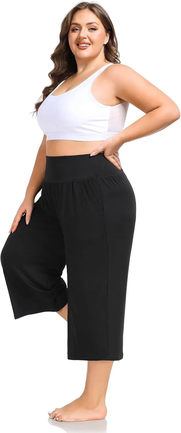 ZERDOCEAN Women's Plus Size Wide Leg Capris High Waist Yoga Pants Casual Loose Lounge Pants with Pockets