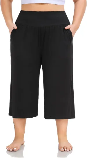ZERDOCEAN Women's Plus Size Wide Leg Capris High Waist Yoga Pants Casual Loose Lounge Pants with Pockets