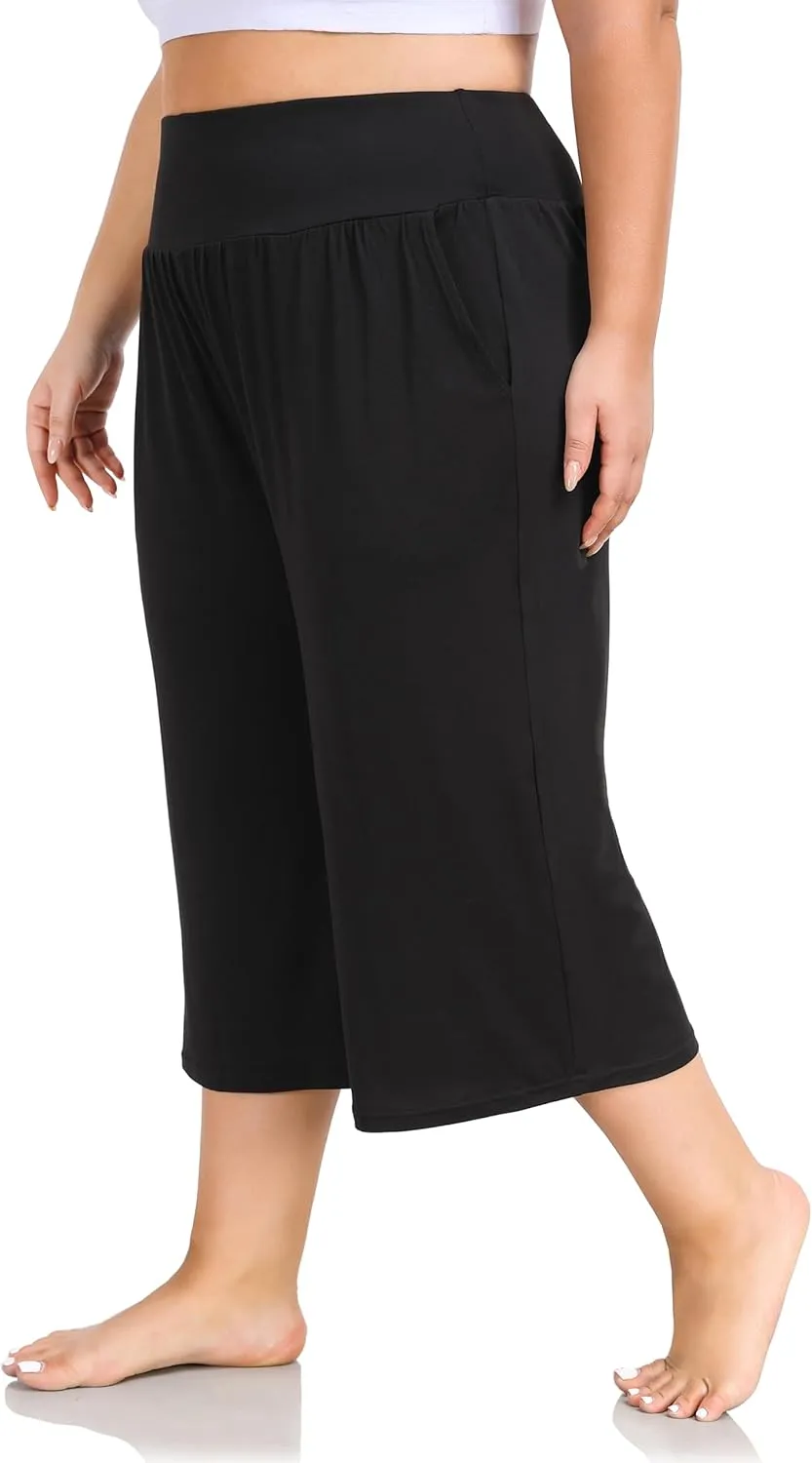 ZERDOCEAN Women's Plus Size Wide Leg Capris High Waist Yoga Pants Casual Loose Lounge Pants with Pockets