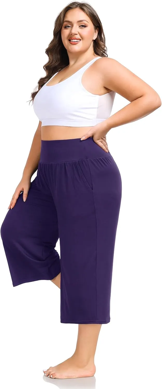 ZERDOCEAN Women's Plus Size Wide Leg Capris High Waist Yoga Pants Casual Loose Lounge Pants with Pockets