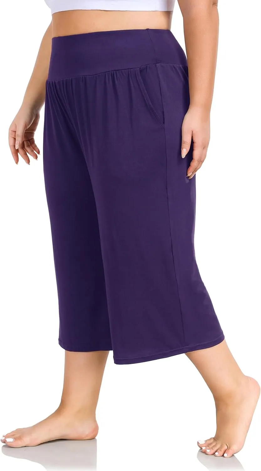 ZERDOCEAN Women's Plus Size Wide Leg Capris High Waist Yoga Pants Casual Loose Lounge Pants with Pockets