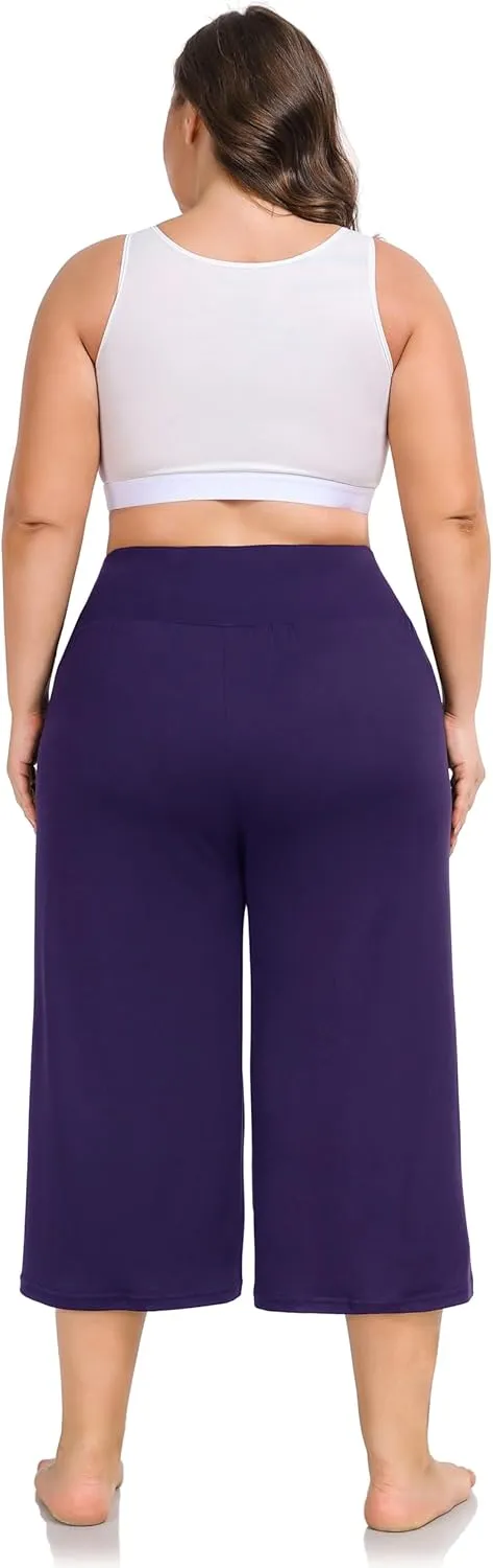 ZERDOCEAN Women's Plus Size Wide Leg Capris High Waist Yoga Pants Casual Loose Lounge Pants with Pockets