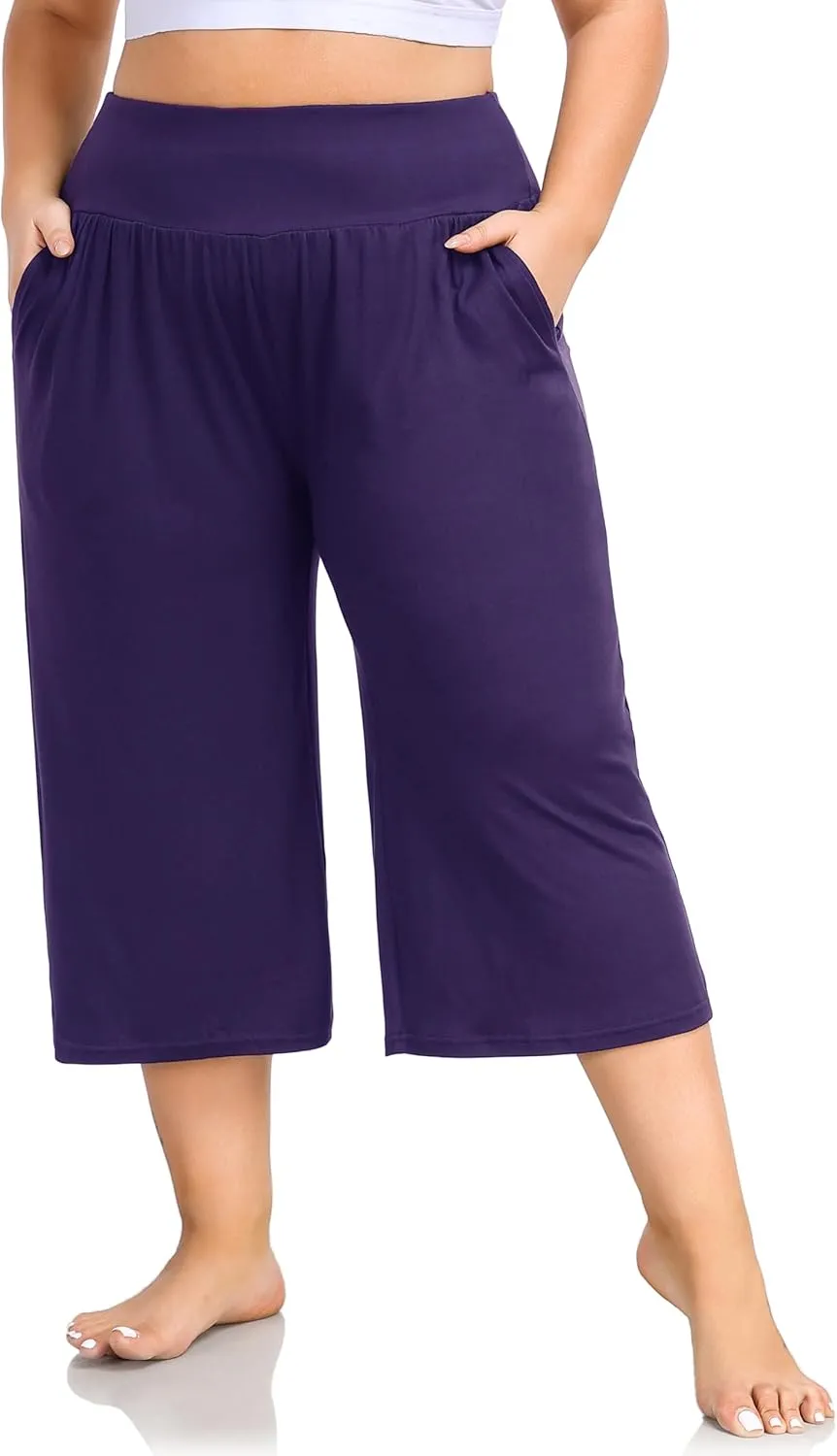 ZERDOCEAN Women's Plus Size Wide Leg Capris High Waist Yoga Pants Casual Loose Lounge Pants with Pockets