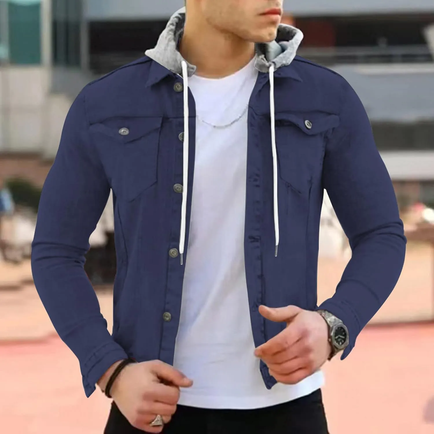 ZYXTIM Men's Relaxed Fit Vintage Hooded Denim Jackets Casual Button Down Long Sleeve Lapel Distressed Trucker Jean Jackets