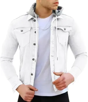 ZYXTIM Men's Relaxed Fit Vintage Hooded Denim Jackets Casual Button Down Long Sleeve Lapel Distressed Trucker Jean Jackets