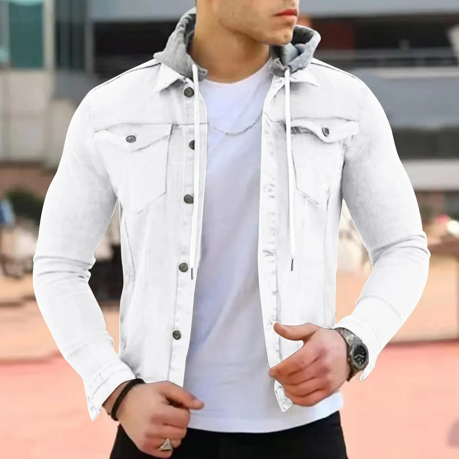 ZYXTIM Men's Relaxed Fit Vintage Hooded Denim Jackets Casual Button Down Long Sleeve Lapel Distressed Trucker Jean Jackets